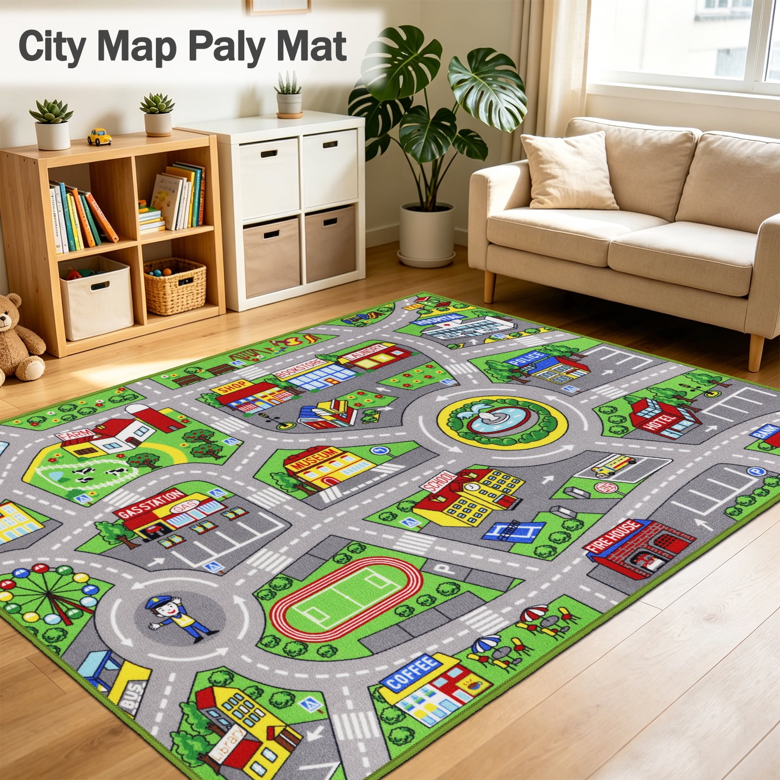 ORGOWEL Kids Carpet Playmat Area Rug Car Mat Play Rug for Playroom Educational Car Mat Machine Washable Non-Slip Kids Rug for Bedroom, Living Room,59"x78.7",Green