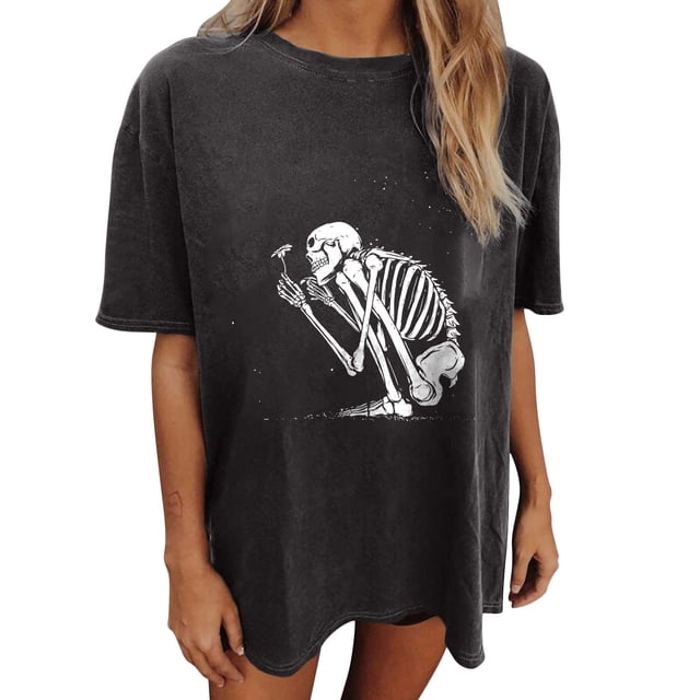 Blusa de manga corta con estampado de luna y sol de calavera con mangas caídas vintage para mujer Fridja gope2847