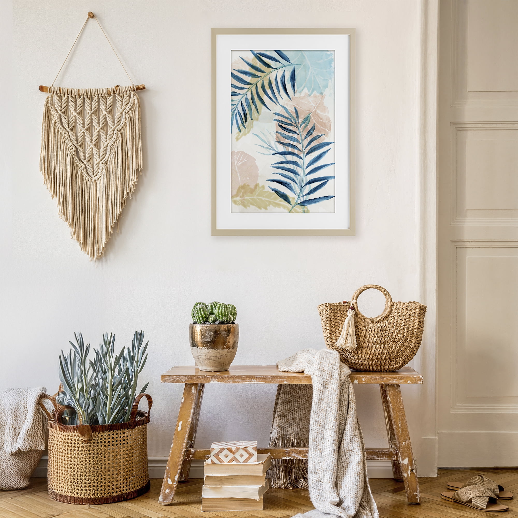 Stupell Industries Blue Palm Fronds in Pastel Haze Birch Framed Print Under Glass, design by Nan