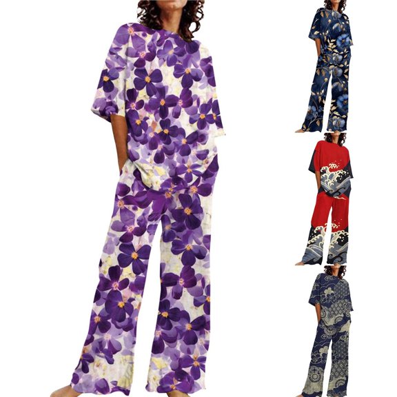 BWASD Womens Summer Pajama Sets 2 Piecee Plus Size Soft Floral Print Shorts Sleeve Top and Pant Breathable Sleepwear Summer Fashion Leisure Loungewear (Black L)
