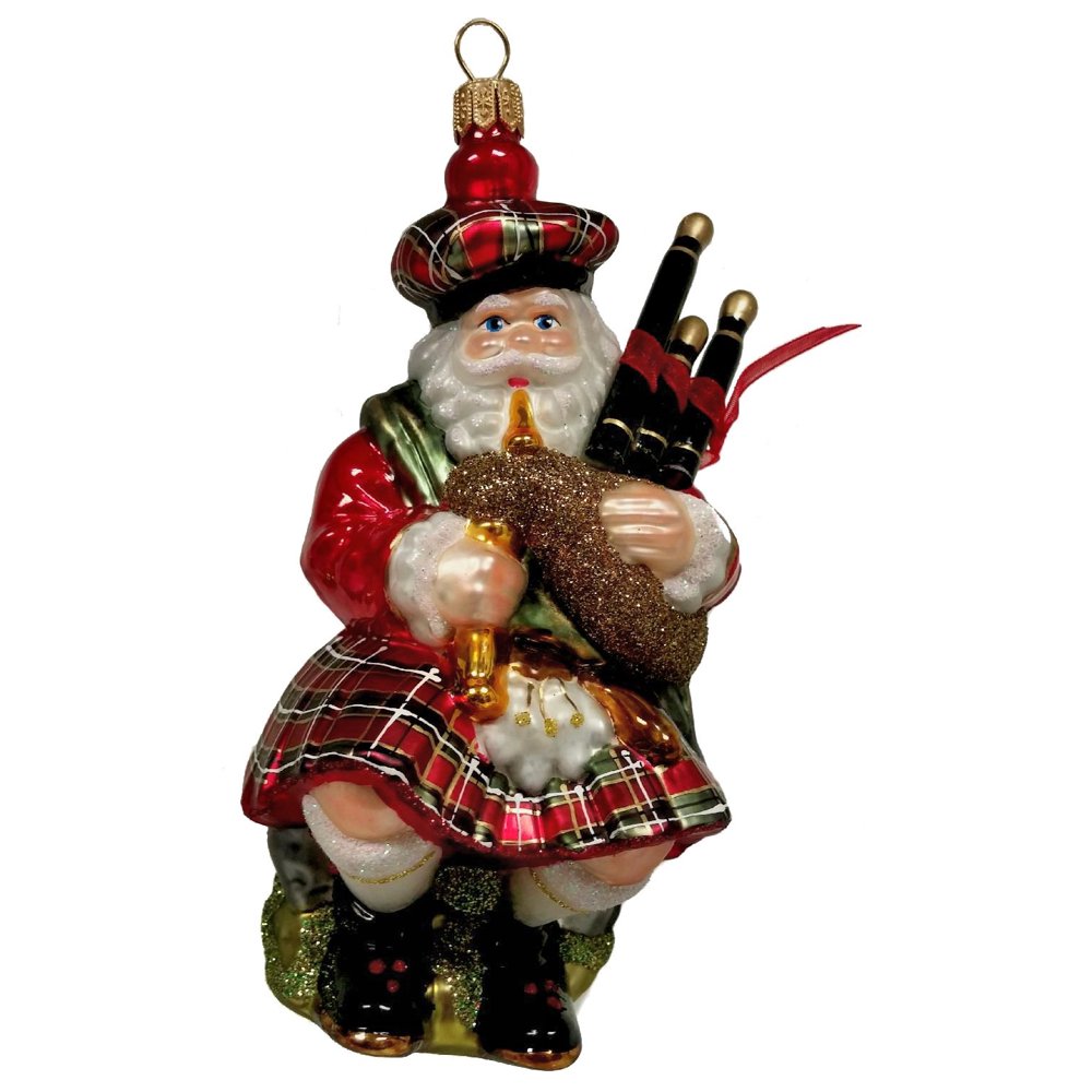Scottish Santa in Kilt with Bagpipes Polish Glass Christmas Ornament