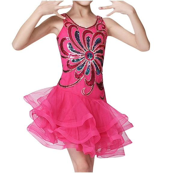 Odeerbi Toddler Girls Sequin Sparkly Latin Dance Dress Stage Performance Outfits Summer Tulle Tutu Dress Children's Mesh Sleeveless Dance Practice Outfit Toddler Girls Clothes