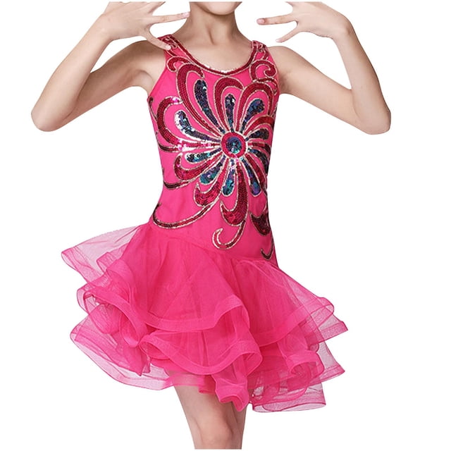 Ashirexll Robe Fille Sans Manches à Col Rond Robe en Mélange de Tulle de Couleur Unie Longueur Genou Rose Vif 5 Ans