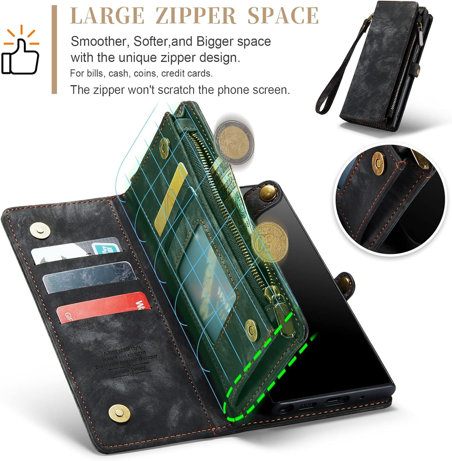 Phone Case for Samsung Galaxy Note 20 Glaxay Note20 5G Zipper Wallet Detachable Cover with Tempered Glass Screen Protector and Flip Card Holder Cell Gaxaly Notes 20s Twenty Not S20 Women Black