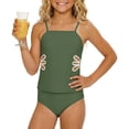 thumbnail image 4 of FINALGANG Girls Kids Two Piece Tankini Set Solid Color Spaghetti Strap Square Neck Floral Hollow Out Waist Top High Waist Bottoms Swimwear For Summer Beach Activities Stylish Swimwear, 4 of 6