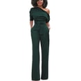 thumbnail image 1 of Mono sexy informal de un solo hombro para mujer, color liso, manga corta, pierna ancha, pantalones largos, cuello oblicuo y cinturón, talla M (verde oliva), 1 of 4