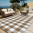 thumbnail image 2 of Gavee 8'x10' Plaid Outdoor Rug, Waterproof Reversible Patio Area Rug Indoor Outdoor Carpet, Plastic Farmhouse Geometric Carpet for RV Camping Deck Balcony, Brown and White, 2 of 9