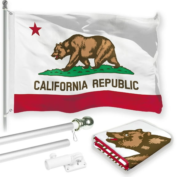 G128 Combo Pack: 6 Feet Tangle Free Spinning Flagpole (Silver) California CA State Flag 3x5 ft Printed 150D Brass Grommets (Flag Included) Aluminum Flag Pole