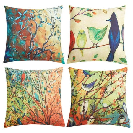 Oil Cloth Pillows Tayyakoushi Set of 4 Oil Painting Vivid Birds Stands on Trees Branch Decorative Throw Pillow Covers 18 x 18 Inch for Sofa Couch Décor ()