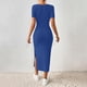 thumbnail image 2 of TaTaai Women Summer French Square Neck Side Split Slim Knit Dress Short Sleeve Solid Color Midi Length Elegant Casual Daily Wear Dresses Gift, 2 of 9