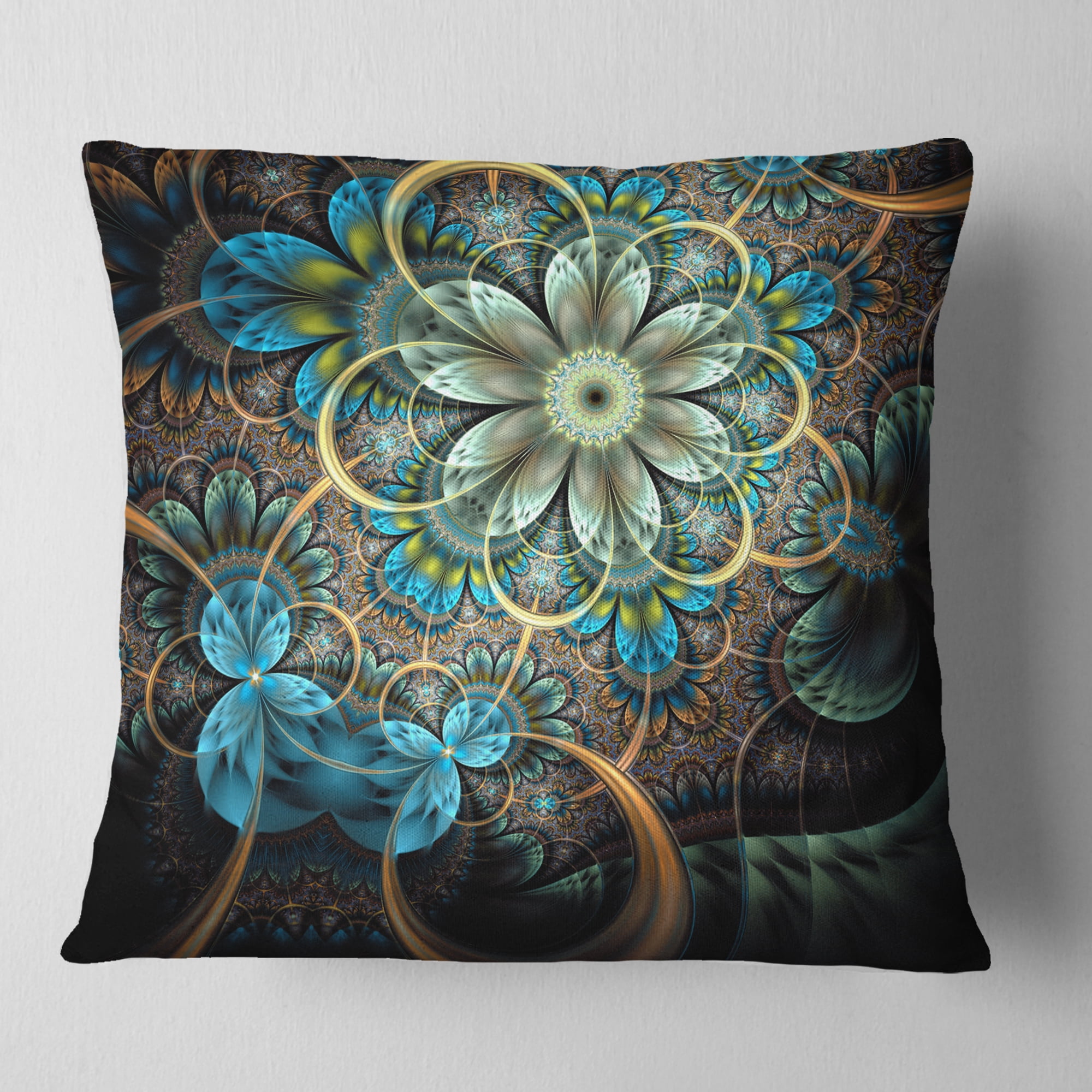 Designart Lighted Blue Fractal Blue Flowers - Floral Throw Pillow - 16x16