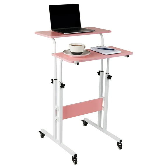 Mind Reader Standing Desk, Adjustable Height Laptop Workstation, Portable Rolling Desk on Wheels, Two-Tier Metal Frame, Pink