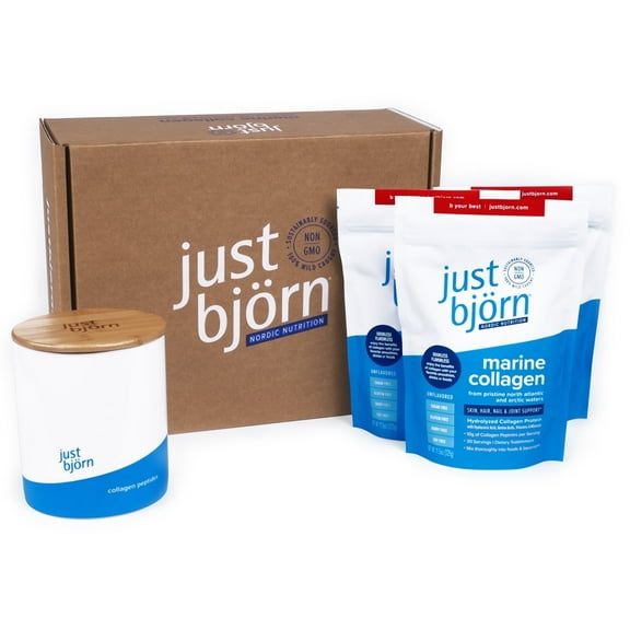 Just Bjorn Marine Collagen Peptides Starter Kit - Collagen Powder for Women & Men - Skin, Hair, Nail & Joint Support - Hyaluronic Acid, Vitamin C, Amino Acids - Unflavored (90 Servings)