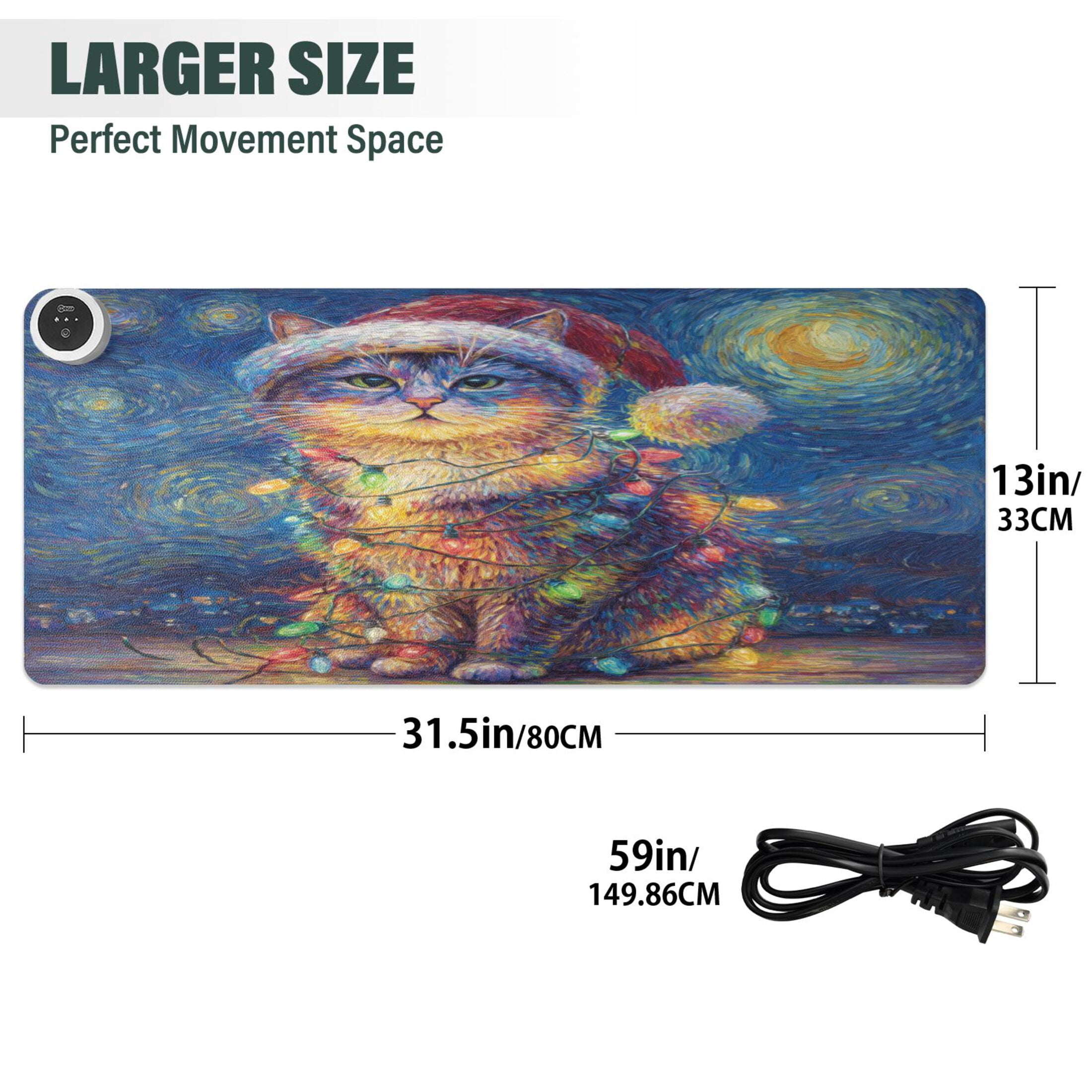 Large Heated Desk Mat Mouse Pad 31.5"x13"PU Leather Graphene Heating Desk Warmer with 3 Temperature Settings 110V US Plug Non-Slip Warm Pad for Home, Office, and Gaming A Cat with Colorful Lights