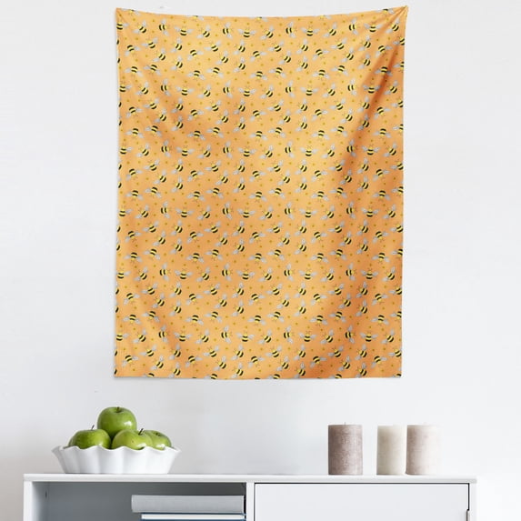Honey Bee Tapestry, Cartoon Style Flies and Hexagonal Shapes Scattered, Fabric Wall Hanging Decor for Bedroom Living Room Dorm, 5 Sizes, Orange Mustard, by Ambesonne