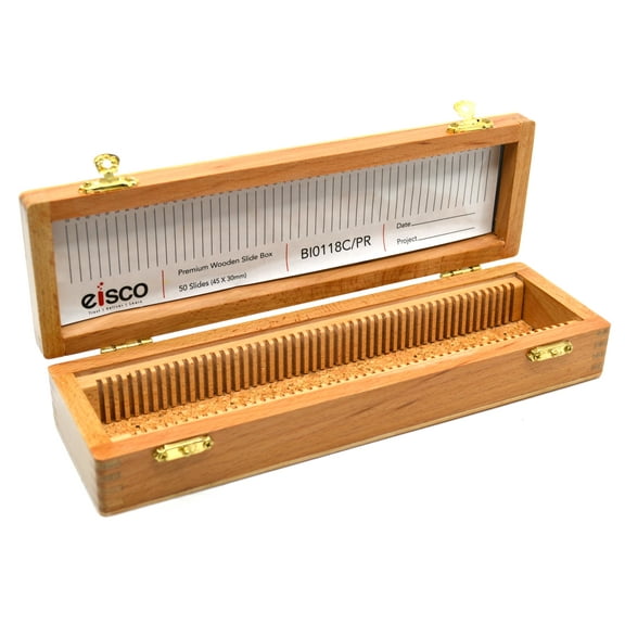 Wooden Slide Box for Size 45mm x 30mm Slides, Holds 50 Slides, Double Clasp Lid - Eisco Labs