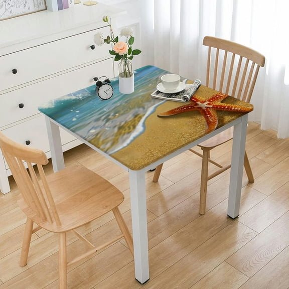 BANET Decorative Elastic Edged Square Fitted Tablecloth,Waves on Beach Polyester Indoor Outdoor Fitted Table Cover for Parties,Weddings,Kitchen Fit Square Table White
