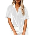 thumbnail image 2 of Velvet Shirt Women Short Sleeve Lapel Collar Dressy Blouses Holiday V Neck Tshirts with Chest Pocket Loose Fitted Button Down Top Trendy Outfits, 2 of 6