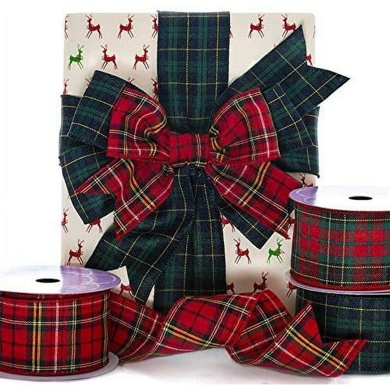 Holiday Wired Christmas Tree Ribbon - 2 1/2 x 10 Yards, Red and Green  Tartan, Wreath 