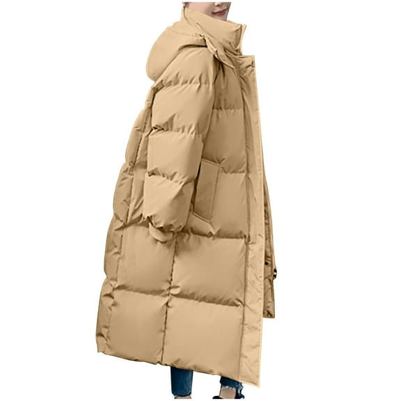 Ofreoo Women's Long Sleeved Woolen Cotton Jacket Pocket Zipper Medium Length Hooded Jacket Winter Coats for Women Deal for Days Holiday Decor