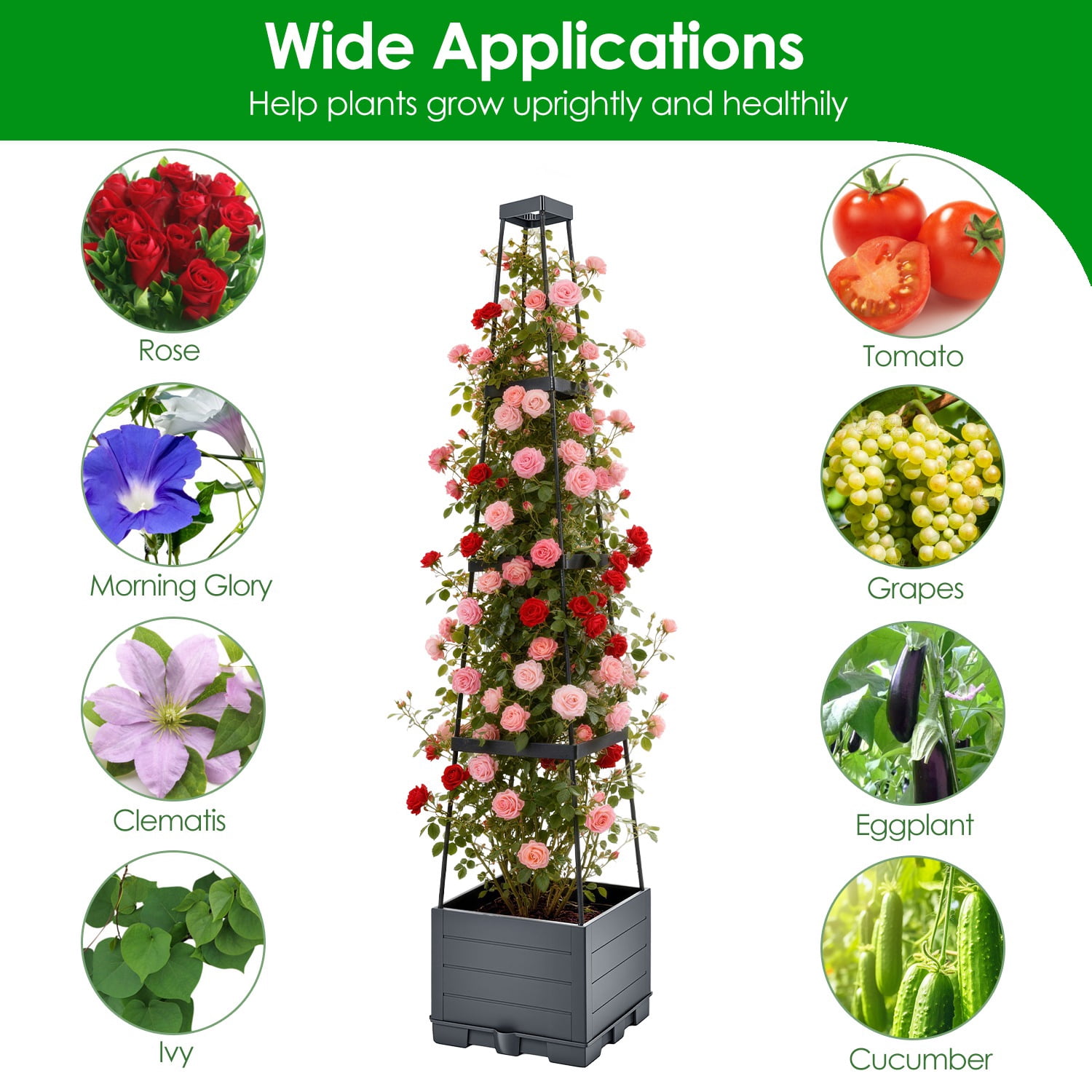 Raised Garden Bed with Trellis, Self-Watering Planter Box 4-Level Adjustable Height PP Planter with Plant Clips & Ties for Climbing Plants Balcony Patio