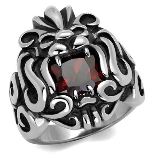 Men High Polished Stainless Steel Ring with AAA Grade CZ in Garnet - Size 11