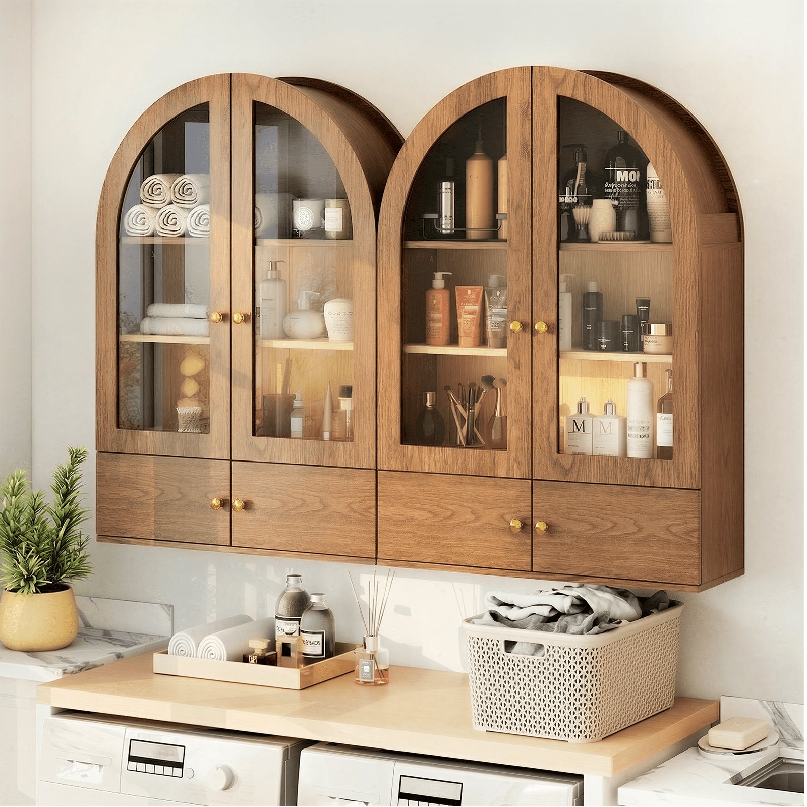 Flictozena Wall Mounted Arched Medicine Cabinet, Bathroom Storage Cabinet with Glass Doors and Adjustable Shelves, Over The Toilet Floating Cabinet for Small Spaces, Brown