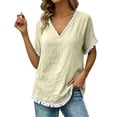 thumbnail image 3 of Favoffer Women's Tassel V Neck Tops Short Sleeve Linen Blend Casual Blouses for Spring Summer Everyday Wear, 3 of 6