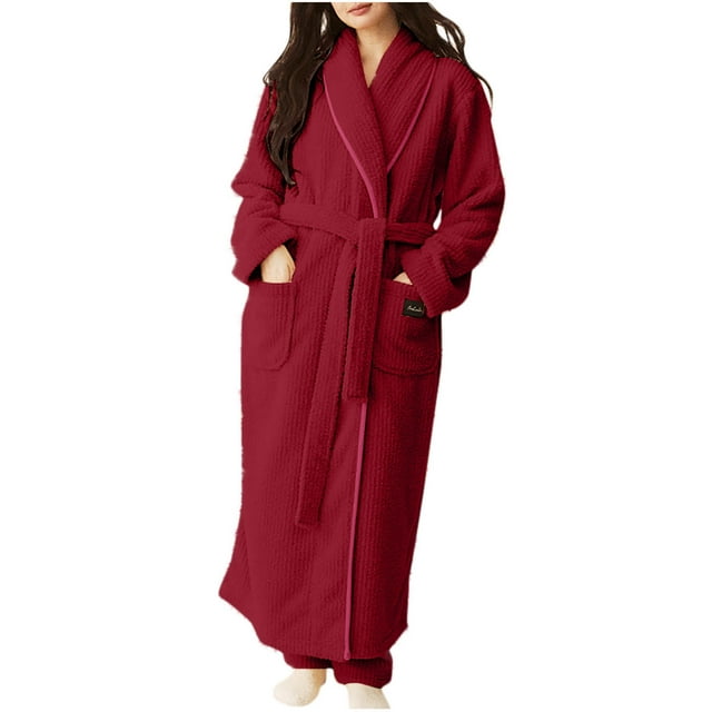 WRKEKC Womens Robe Long Sleeve Striped Pocket Coral Fleece Long Bathrobe for Women Loungewear Extended Length Sleep Robe Homewear