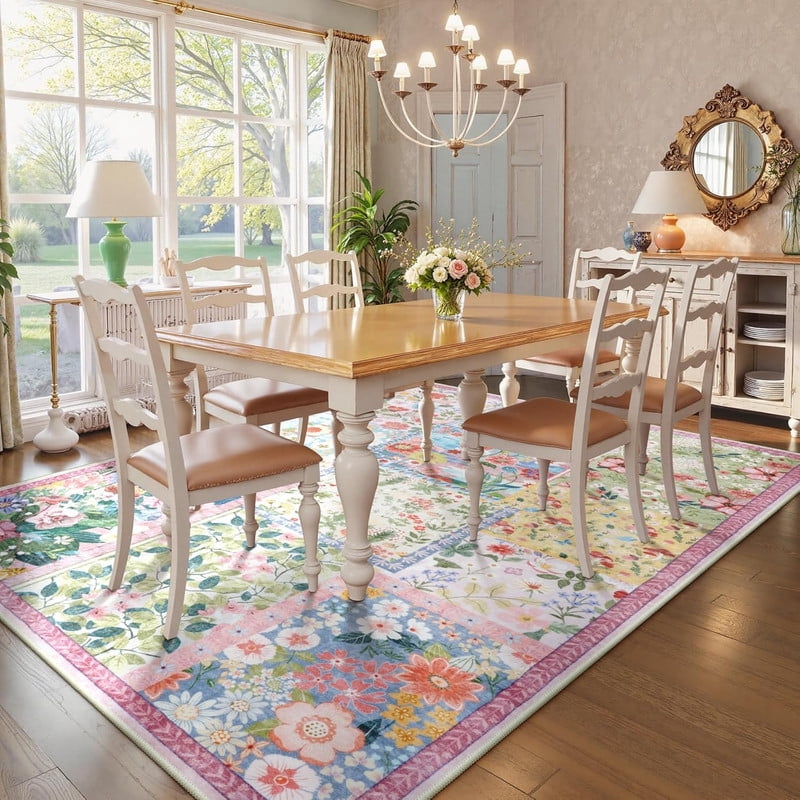 Wonnitar 8'x10' Pink Washable Area Rug - Soft Botanical Boho Carpet for Living Room, Non-Slip Ultra-Thin Rug for Bedroom Under Bed, Dining Room Home Office