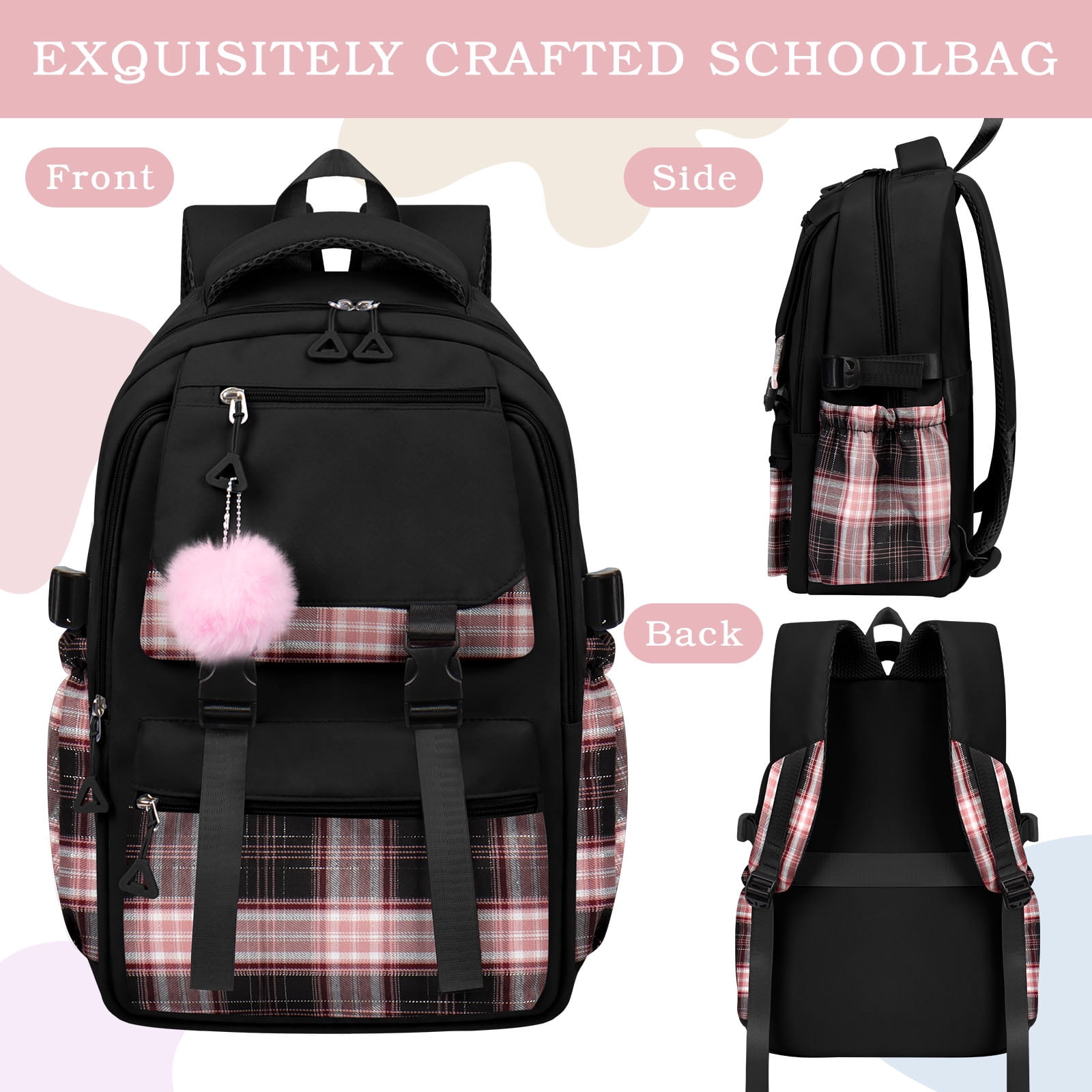 DAKIMOE Black School Backpack for School, Travel, Work, Large Capacity Waterproof Bookbag with 7 Compartments and Luggage Belt