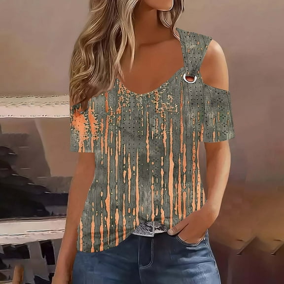 Fengqque 2025 Women's Off-Shoulder Cutout Short Sleeve Printed Casual Top