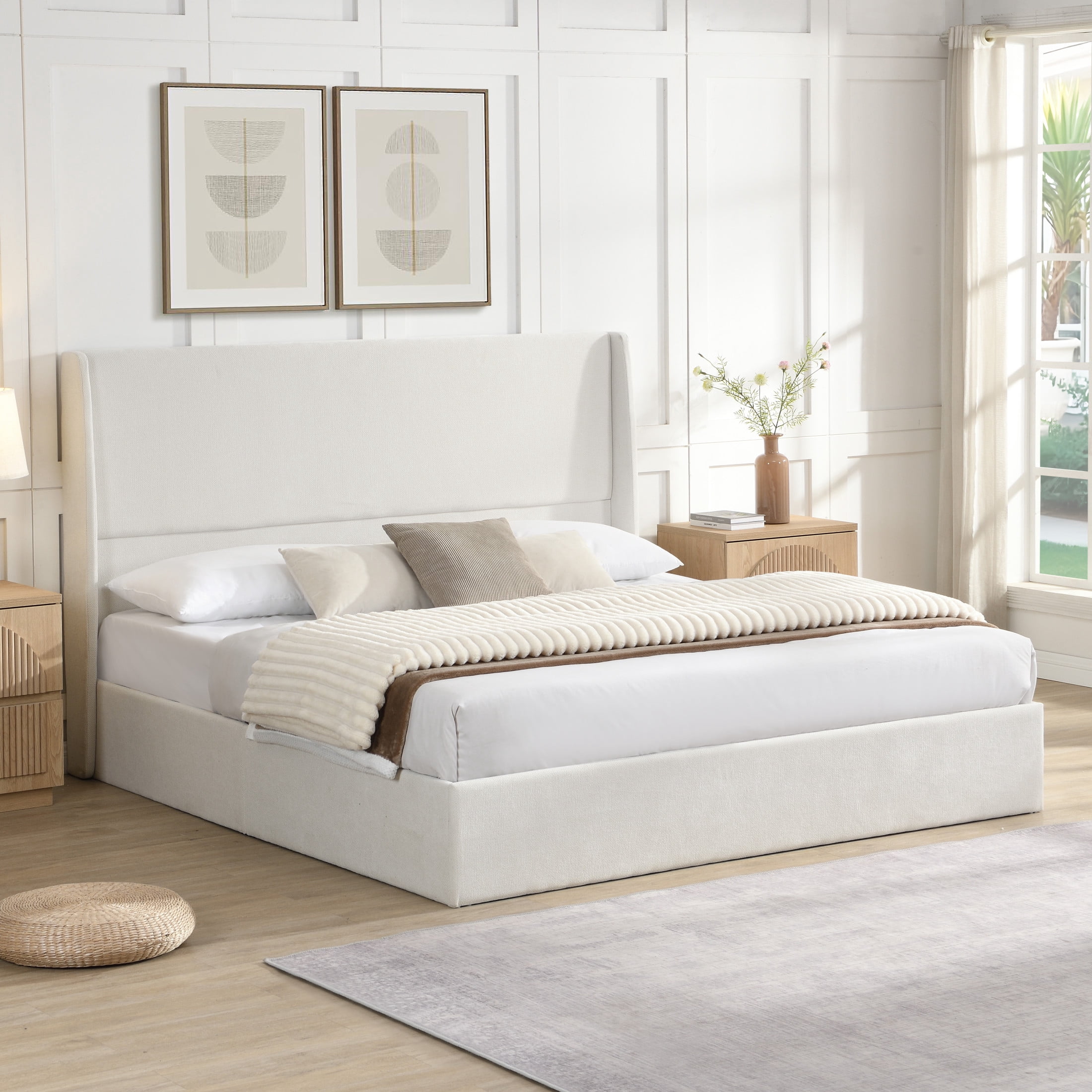 GDF Studio King Size Upholstered Bed with Chenille Fabric, High Headboard and 12-Slat Support, Beige