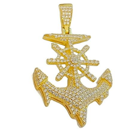 Ships Anchor Drip Iced CZ Pendant Gold Plated over Real 925 Sterling Silver