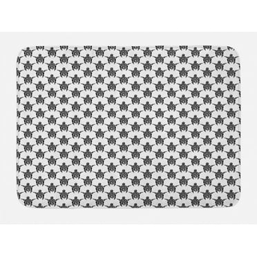 Tattoo Bath Mat, Pattern with Sea Turtles in Maori Style Polynesian Swirly Motifs, Plush Bathroom Decor Mat with Non Slip Backing, 29.5" X 17.5", Black White, by Ambesonne