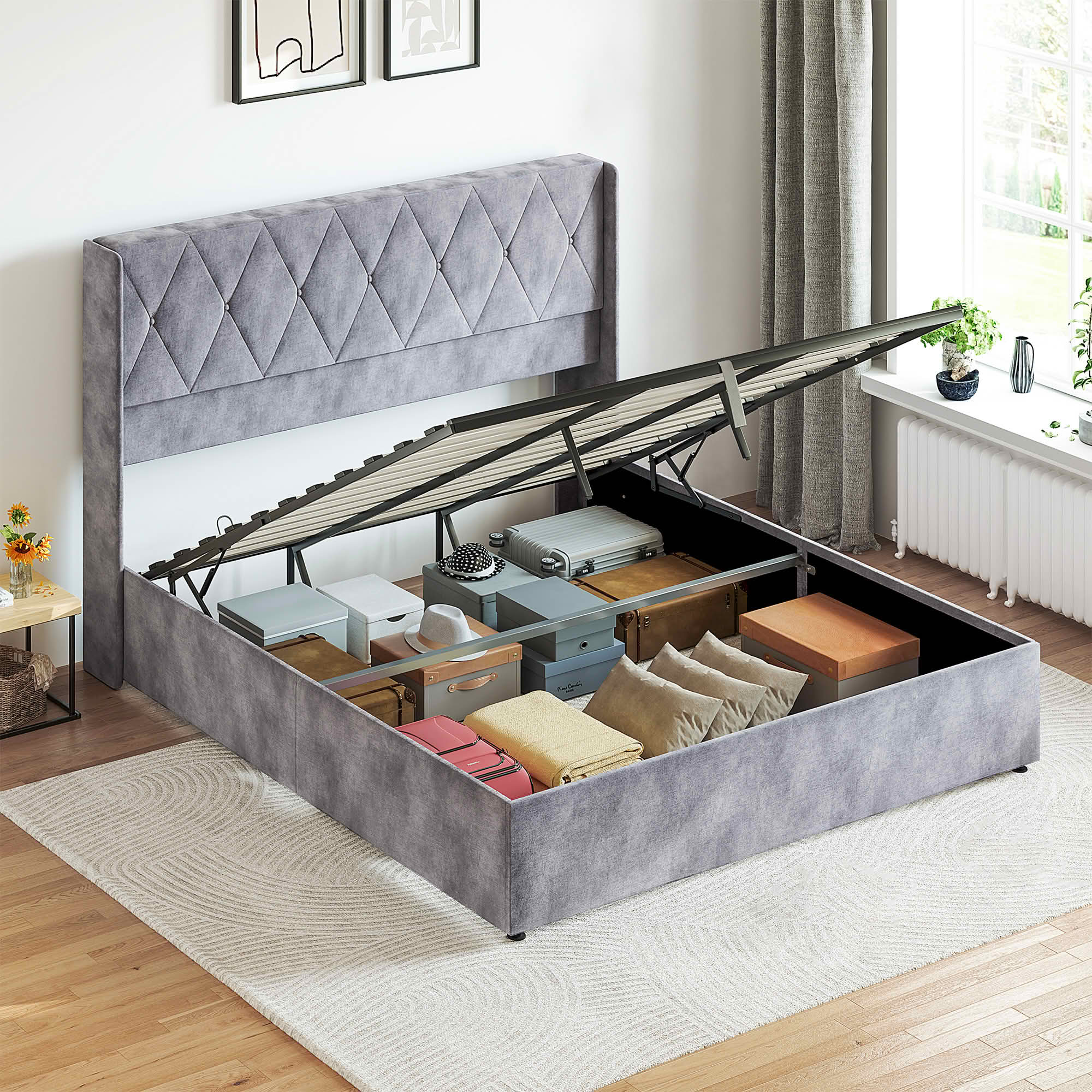 MAYEERTY King Size Hydraulic Lifting Storage Bed Soft Padded Platform Bed Frame Headboard with Backrest