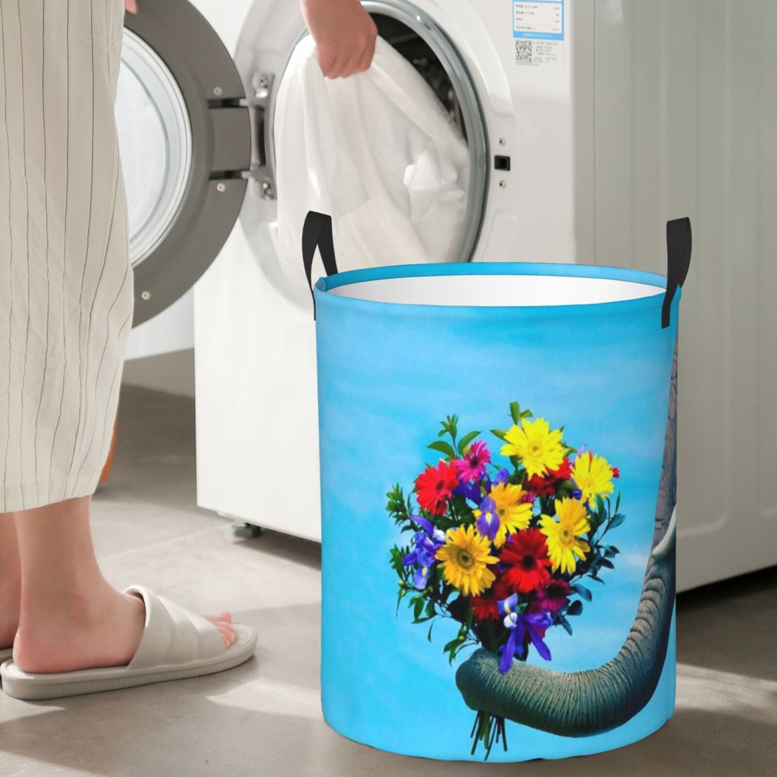 Large Laundry Basket with Handles - Elephant Trunk Couple Flowers Kids Baby Dirty Clothes Laundry Hamper for Bedroom Aesthetic
