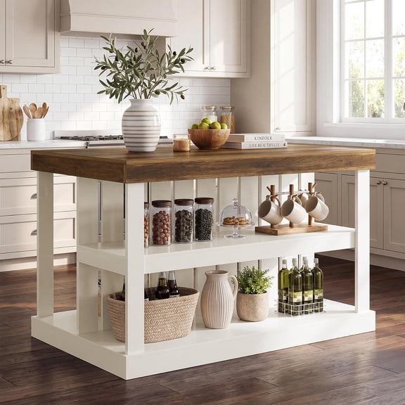 Finmind 55" Kitchen Island with Storage, 3-Tier Farmhouse Stationary Island Table with Large Countertop & Legroom, Freestanding Dining Island