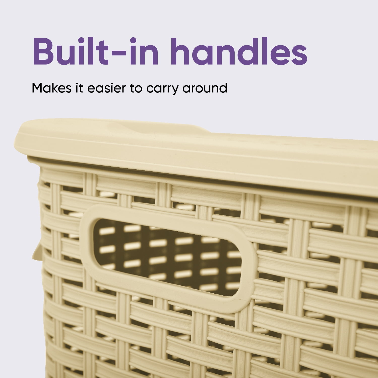 Superio Laundry Hamper Basket With Easy Open Lid 60 Liter Beige, Large Wicker Hamper, Dirty Cloths Storage With Two Cutout Handles, Laundry Room Bin