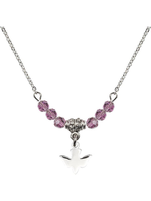 Bonyak Jewelry 18 Inch Rhodium Plated Necklace w/ 4mm Light Purple February Birth Month Stone Beads and Holy Spirit Charm Bonyak Jewelry 18 Inch Rhodium Plated Necklace w/ 4mm Light Purple February Birth Month Stone Beads and Holy Spirit Charm