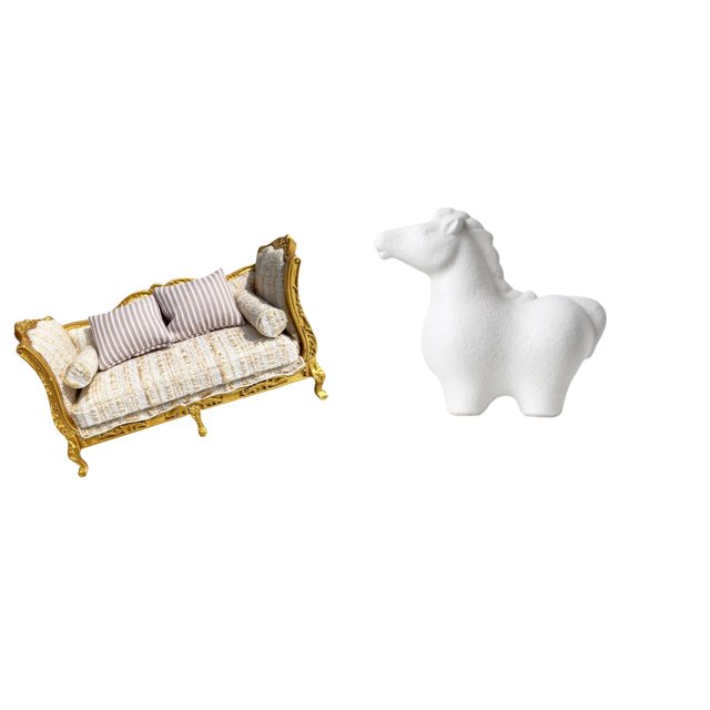 Sofá De Madera En Miniatura Y Figura De Porcelana, Estatua De Caballo, Escultura Decorativa De Animal, Adorno De Mesa Para Casa De Muñecas, Sala De Estar, Oficina, Armario, Chimenea,