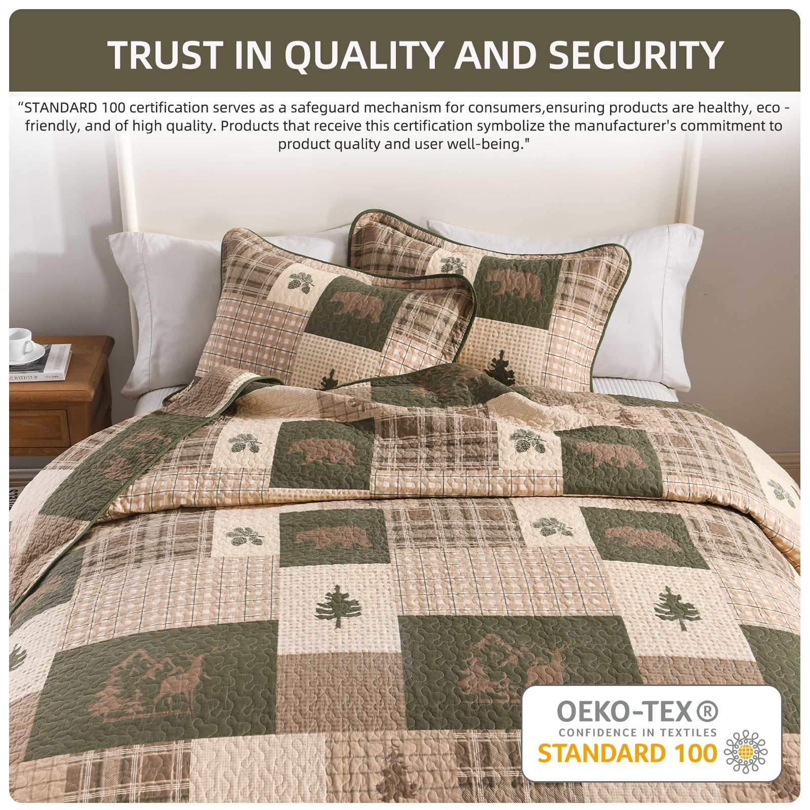 PANGUSHAN 100% Cotton King Quilt Set, Farmhouse Plaid King Size Quilt Bedding Set Bedspreads, Reversible Quilted Lightweight Comforter, Beige/Grayish Green/Brown Bed Spread for King Bed, 3pcs