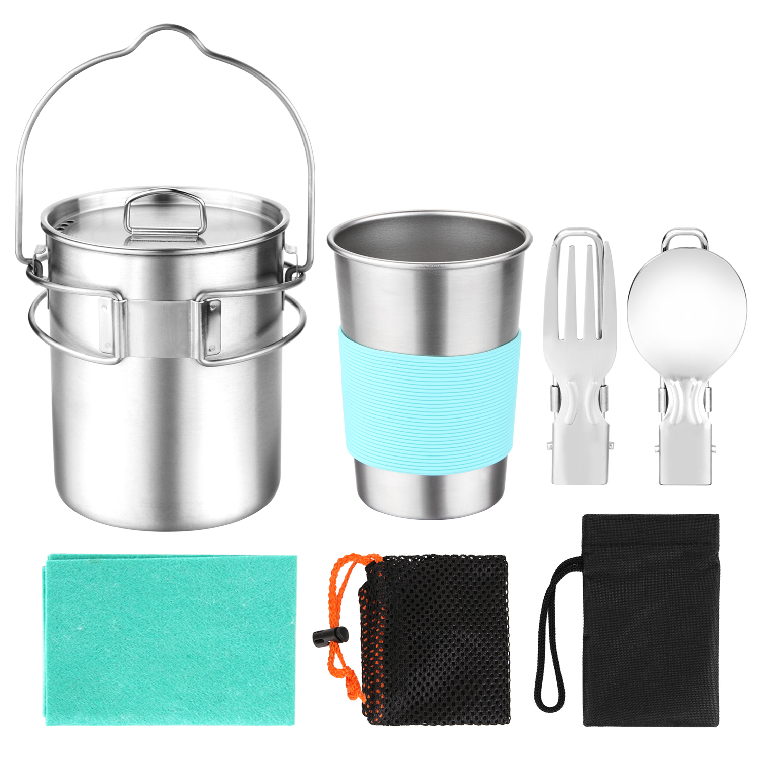 ODOLAND Camping Cookware Kit, Stainless Steel Camping Pot with Hanger