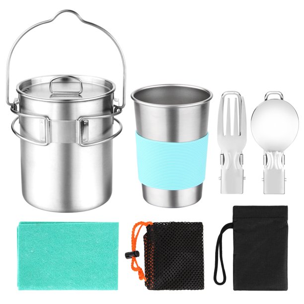 ODOLAND Camping Cookware Kit, Stainless Steel Camping Pot with Hanger