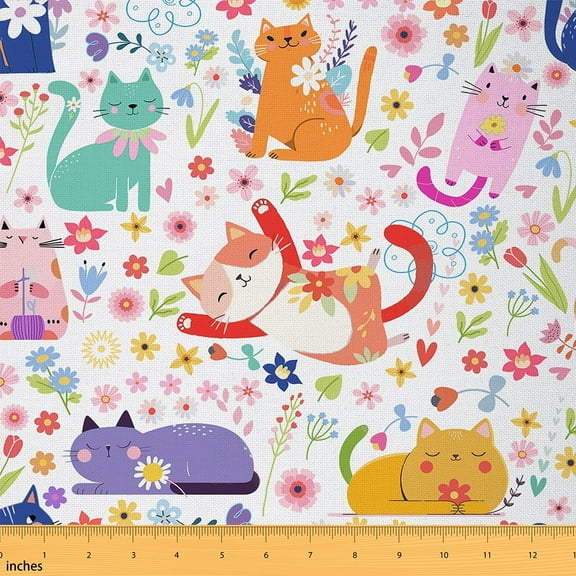 Manfei Funny Kitten Cat Fabric by the Yard (1 Yard) for Kids Girls, Colorful Floral Flower Decorative Fabric by the Yard, Cartoon Animal DIY Fabric