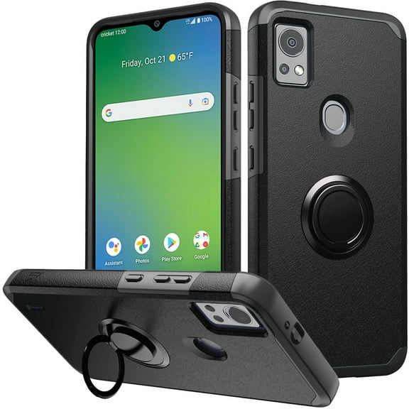 For Cricket Icon 5 Ring Kickstand Cellphone Cover Case   Tempered Glass - mkrng Black