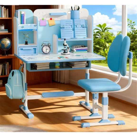 Mohsoe Kids Study Desk with Book Stand & Footrest, Scientific Zones for Tidiness, Star Holes for Scheduling Blue