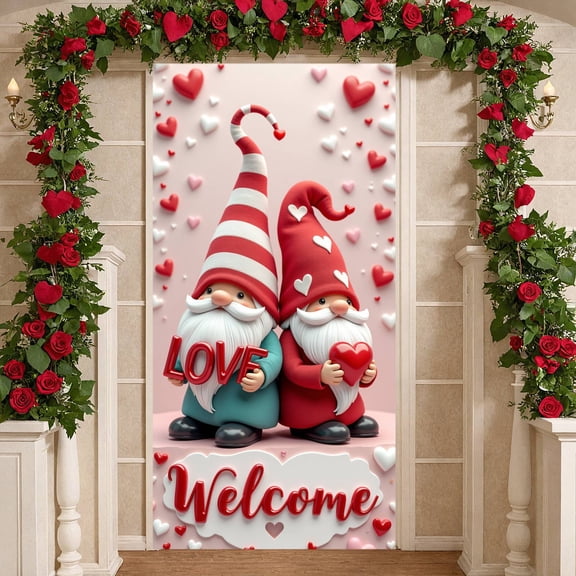 Red White Theme Love Welcome Banner Heart Pattern Romantic Display Gnome Design LOVE Letter Heart Backdrop for Valentine's Day Party Romantic Gathering Welcome Event
