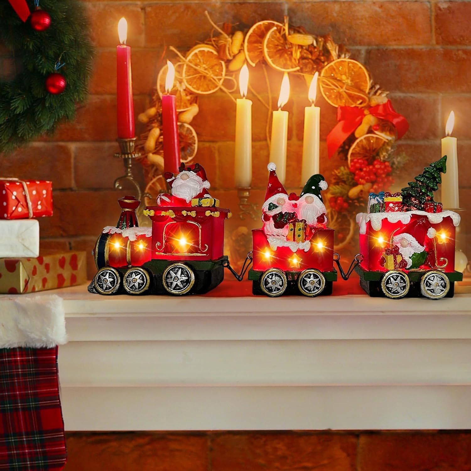 Christmas Gnome Decorations Centerpieces for Tables, Lighted Gnome Christmas Decorations Indoor Snowman Tabletop Decor, Xmas Table Centerpieces for Home, Light Up Train Figurines Table Top