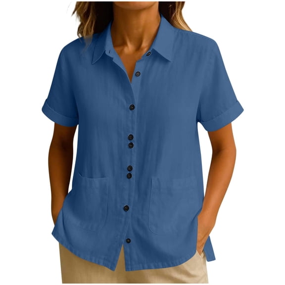 Tmtolofot Button Down Shirts for Women Cotton Linen Short Sleeve Blouse Tops Stand Collar Lightweight T-Shirt Slim Fit Business Casual Blouses Going Out Tops 2026 Summer Top|Blue|S